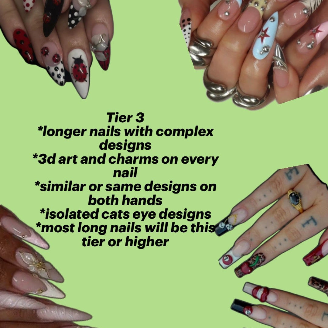 A collage of multiple hands displaying long, decorated nails in various designs, arranged around centered text that reads: 'Tier 3 *longer nails with complex designs *3d art and charms on every nail *similar or same designs on both hands *isolated cats eye designs *most long nails will be this tier or higher' on a light green background.