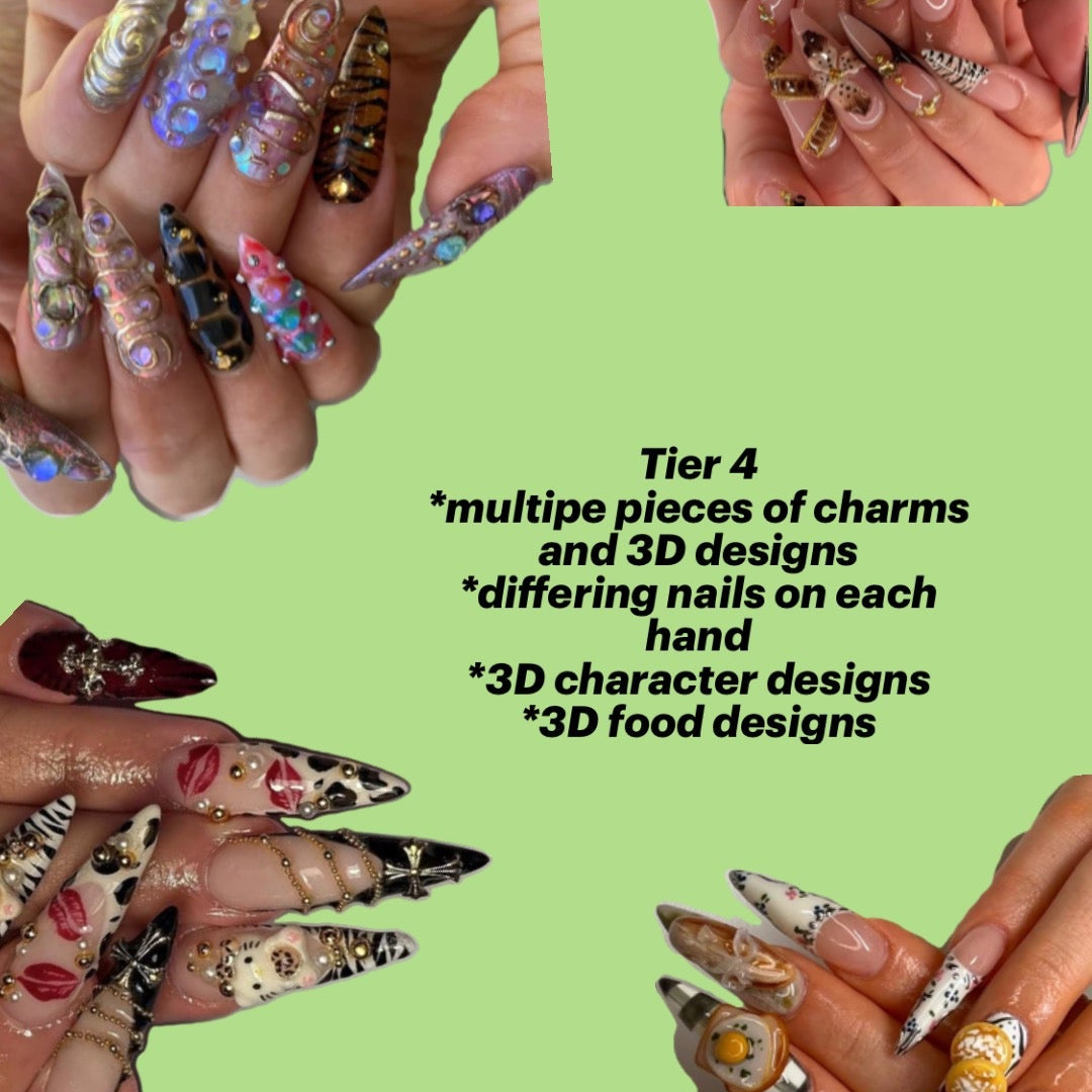 A collage showing multiple hands with long, decorated press-on nails and charms against a light green background, with text reading 'Tier 4 *multiple pieces of charms and 3D designs *differing nails on each hand *3D character designs *3D food designs'.