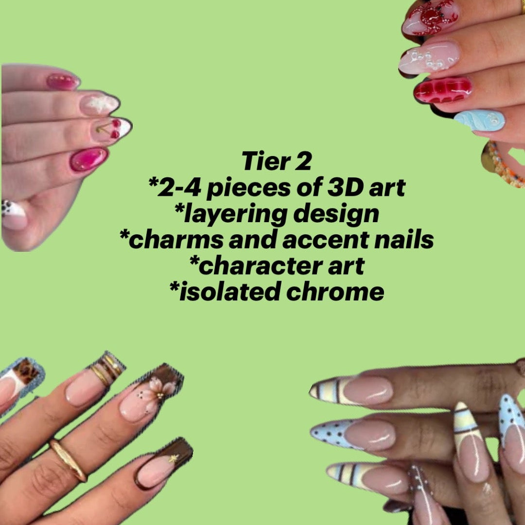 A collage of multiple hands displaying various 3D art nail designs on a solid light green background, with text in the center reading 'Tier 2 *2-4 pieces of 3D art *layering design *charms and accent nails *character art *isolated chrome'.
