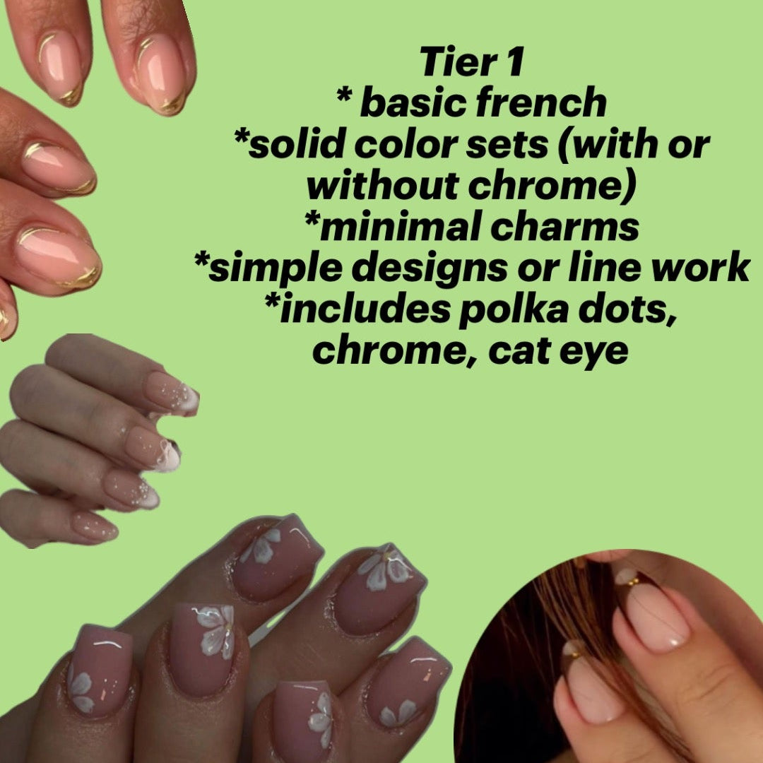 A collage of multiple hands showing different manicure styles and nail colors on a light green background with black text listing features like basic french, solid color sets, minimal charms, and tier 1 designs.