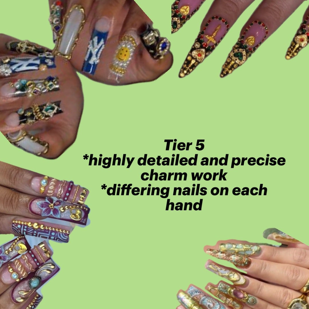 A collage of multiple hands displaying elaborate, long, and highly decorated manicure designs with rhinestones, glitter, and charms, set against a solid light green background with black text reading 'Tier 5 *highly detailed and precise charm work *differing nails on each hand'.