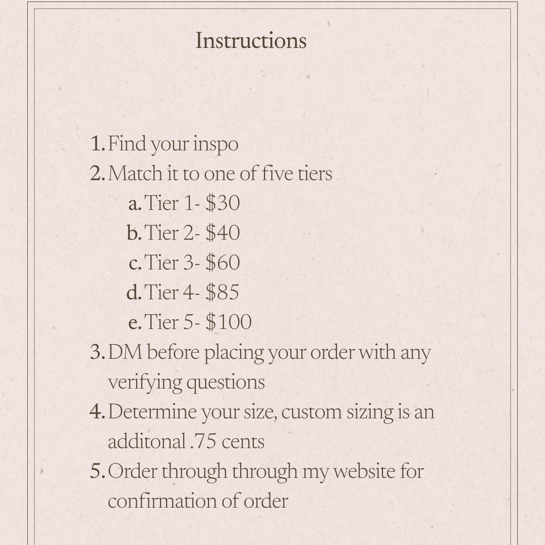A text-based instructions sheet on a pale pink background with a thin double border. The heading reads 'Instructions' and lists order-related steps, including tier pricing and a note that tier explanations are on the next page.