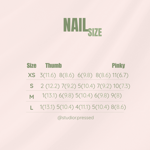 Nail size chart with a size guide table for XS, S, M, and L sizes, showing thumb and pinky measurements in centimeters and inches. The text is in muted green on a pale blush pink background.